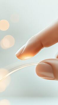 Fingers touch delicate illuminated threads against soft light bokeh background, conveying connection and gentle interaction. photo