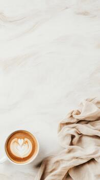 Cup of coffee with heart shape latte art next to textured fabric on white surface. photo