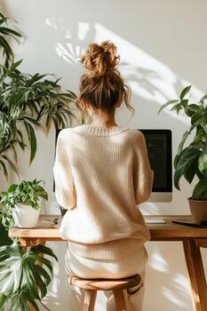 Person using computer at wooden desk with plants, natural light, back view. photo