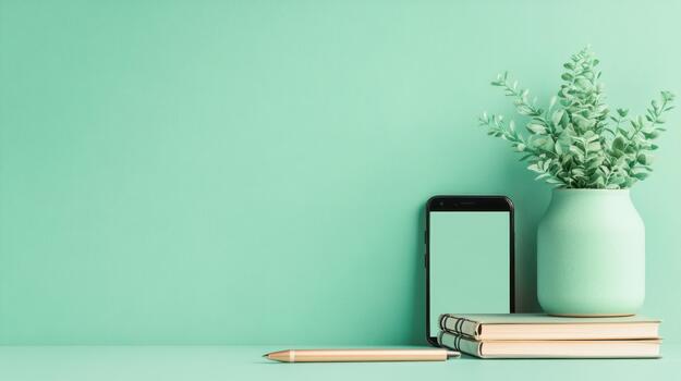 Green vase with plant, black device, and notebooks on shelf against textured green wall, with pen on surface. photo