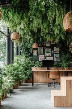 Lush green plants cascade from ceiling and walls around a wooden desk and chair with computer in a bright, modern room. photo