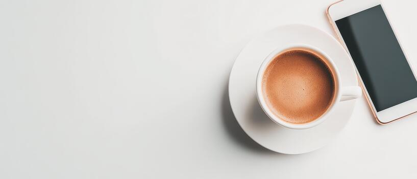 Hot beverage in a white cup on a saucer next to a modern mobile device on a plain surface. photo
