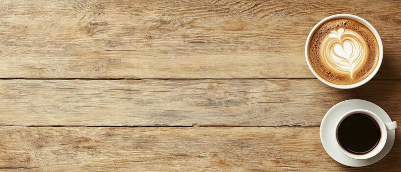 Two cups of coffee placed on a rustic wooden surface, one with latte art forming a heart. photo