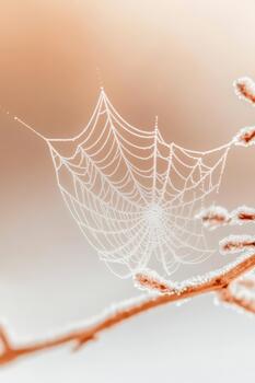 Delicate spiderweb with morning dew drops on frosted branches in soft natural light. photo