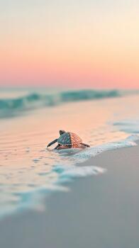 Baby sea turtle crawls towards ocean waves at soft pink sunset, symbolizing conservation and new beginnings in nature. photo