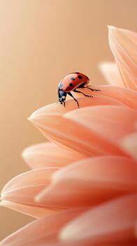 rojo mariquita descansa en suave melocotón flor pétalos con suave bokeh fondo, delicado natural belleza de insecto vida foto
