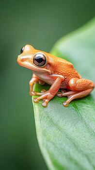 Orange tree frog sits on a green leaf, displaying its large eyes and textured skin in a lush natural environment. photo