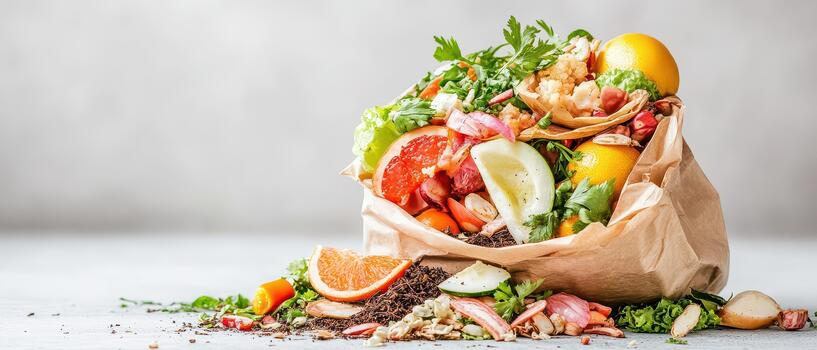 A brown paper bag overflowing with fresh, colorful organic fruits and vegetables scattered around, symbolizing healthy eating and natural resources. photo