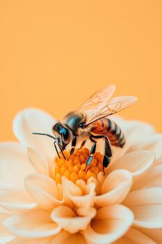 A bee collects nectar from a flower, highlighting nature's delicate ecosystem. photo