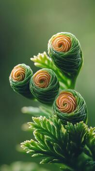 Delicate unfurling fern fronds reveal intricate spiral patterns in soft green forest light, representing growth and new life. photo