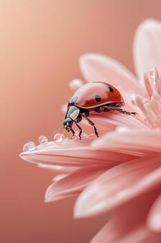A red ladybug walks on a pink petal with dew drops. Nature and ecology concept. photo