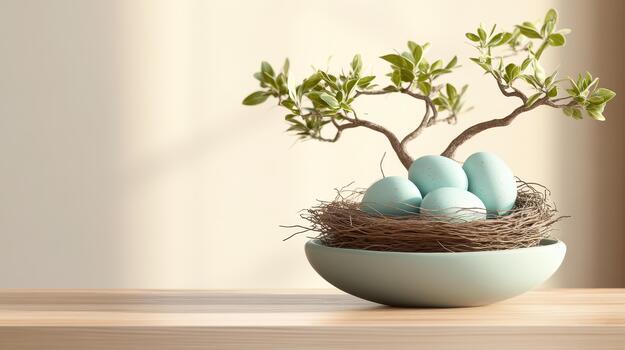 A small tree grows from a nest holding four blue eggs in a pale bowl. photo