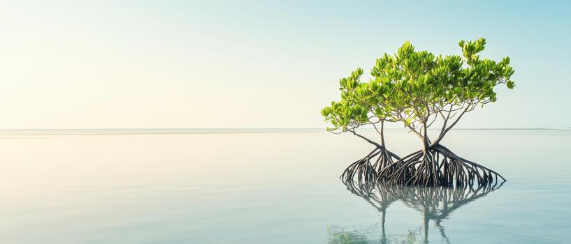 Small green trees with exposed roots growing in calm, shallow ocean water under a clear sky, reflecting nature's resilience and ecosystem. photo