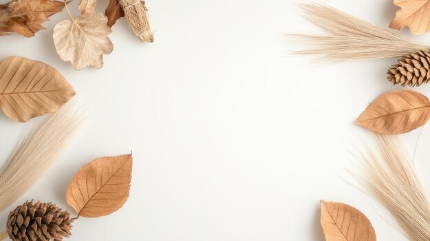 Dry autumn leaves, pine cones, and dried grasses arranged on a plain background create a natural composition reflecting the earth's seasonal changes. photo