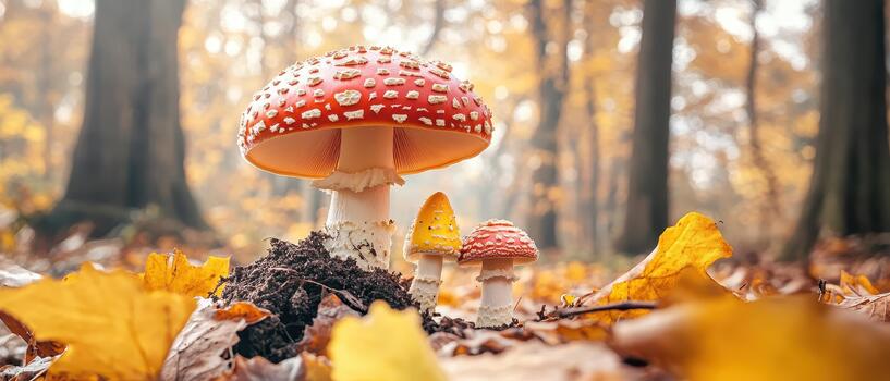 Red and white mushroom growing in autumn forest floor surrounded by fallen leaves photo