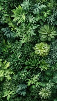 Dense collection of lush green plants and ferns filling the entire frame, natural foliage texture. photo