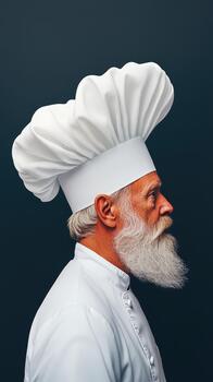 un distinguido cocinero con un blanco gorro de cocinero y lleno barba soportes en perfil, encarnando culinario pericia y un compromiso a fresco, sostenible ingredientes. foto