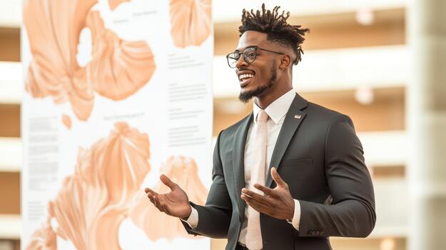 Scientist explains biological research with anatomical diagrams in a modern office setting. photo
