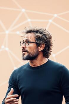 Man discussing biology research, speaking with enthusiasm, with abstract molecular structure background, representing scientific innovation and discovery. photo