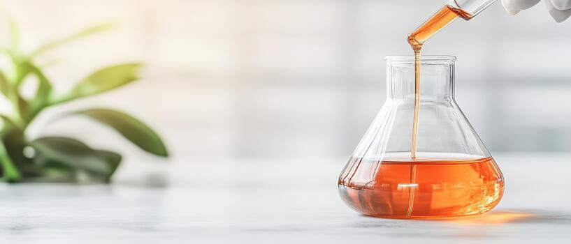 Laboratory flask with orange liquid sample being dripped from pipette, plant in background, science experiment. photo