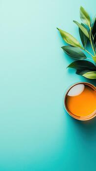 Clear liquid in glass with ice cube beside green leaves on plain blue backdrop photo