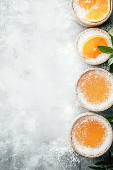 Citrus slices and jelly in bowls with salt crystals on textured gray background photo