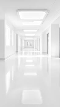 Clean white corridor stretching into distance with bright ceiling lights and reflective floor showing a path forward. photo