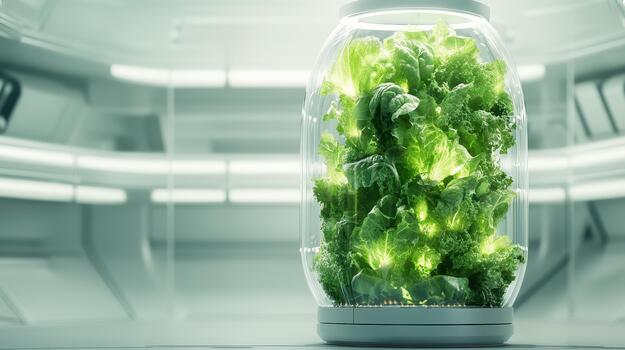 Glowing green leafy vegetables grow brightly within a futuristic transparent vertical farm container. Modern indoor urban agriculture system development. photo