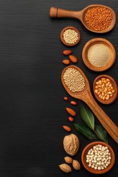 Wooden spoons and bowls filled with diverse grains, nuts, and kernels arranged on a dark surface with scattered leaves and whole nuts. photo