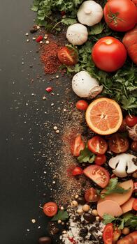 Fresh vegetables, mushrooms, orange slice, and spices arranged on a dark surface, creating a vibrant culinary composition. photo