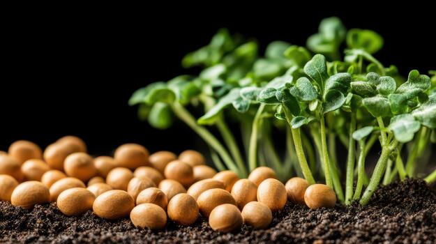Tiny green sprouts emerge from rich dark soil alongside many small seeds, symbolizing growth and new life for sustainable food sources. photo