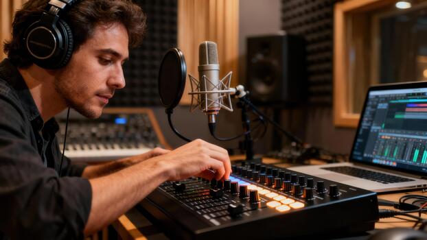 Focused male audio producer adjusting faders on a black sound console while working with a large condenser microphone in a professional recording . photo