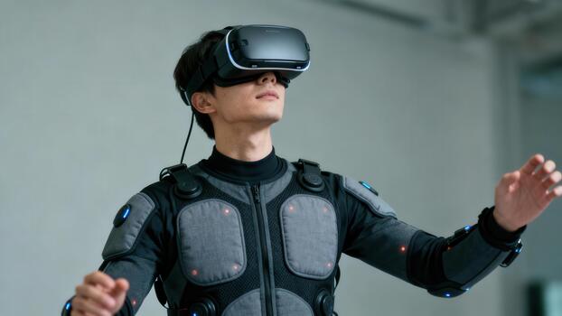 Young East Asian man wearing virtual reality headset and futuristic motion capture suit interacting with simulation environment indoors. photo