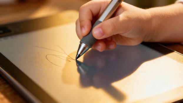 Small child's hand using a gray stylus pen to scribble a drawing onto a digital graphic tablet screen bathed in warm light. photo