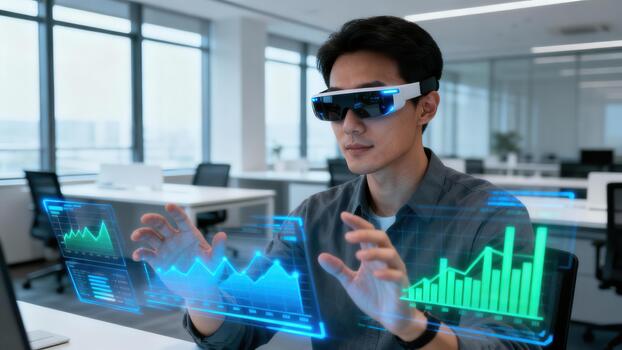 Focused Asian businessman wearing futuristic AR goggles interacts with blue and green virtual data graphs floating in the modern office workspace. photo