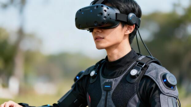Asian man utilizing motion capture body tracking suit and virtual reality headset in outdoor environment. photo