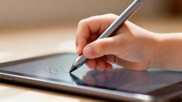 Small hand holding silver stylus drawing abstract lines on a shiny electronic tablet resting on a textured wooden surface. photo