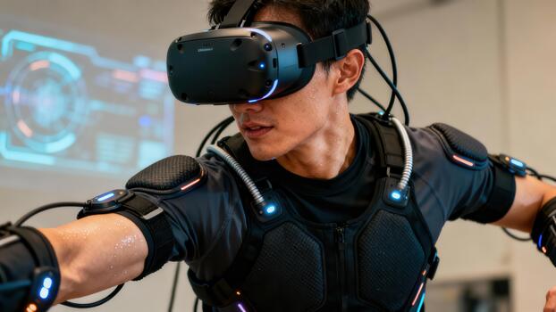 Dedicated man wearing virtual reality headset and full body motion capture suit performing intense physical exercise indoors. photo