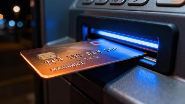 Metallic gold and blue banking card inserted into an automated teller machine illuminated by bright blue neon light in a dark environment. photo
