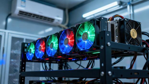 Powerful GPU mining hardware rig with multiple cooling fans illuminated by bright red, green, and blue LED lights. photo