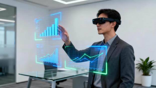 Asian professional wearing mixed reality headset interacts with floating neon blue business bar charts and green line graphs in a bright modern office. photo