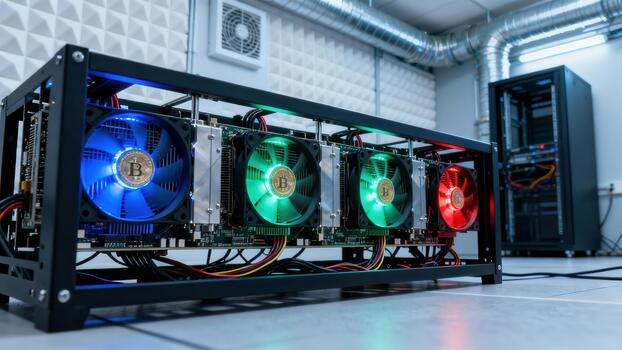 Open-air cryptocurrency mining rig chassis displaying brightly lit blue, green, and red cooling fans with physical Bitcoin souvenir coins. photo