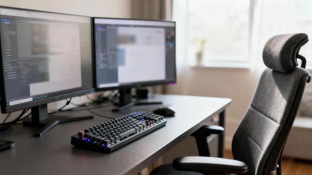 moderno gris ergonómico oficina silla posicionado junto a un escritorio preparar presentando doble computadora monitores y mecánico teclado. foto