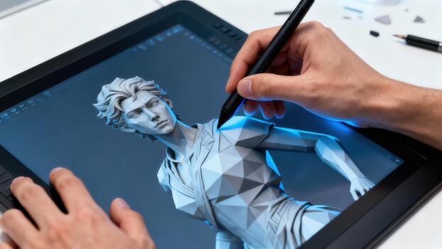 Designer creating faceted geometric 3D model of a sculpted male figure using a stylus pen and professional drawing tablet. photo