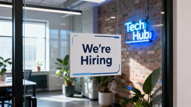White rectangular employment sign displaying 'We're Hiring' text hangs on a glass door in a modern tech office lobby. photo