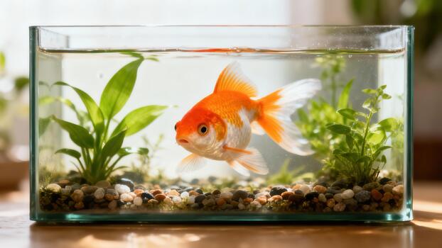 Bicolor fancy goldfish swimming in a rectangular glass aquarium filled with water, green plants, and colorful pebbles. photo