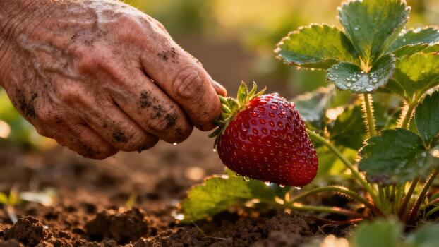 Aged hand covered in dark soil harvesting a dew-covered, ruby red strawberry from the green plant bathed in warm golden hour sunlight. photo