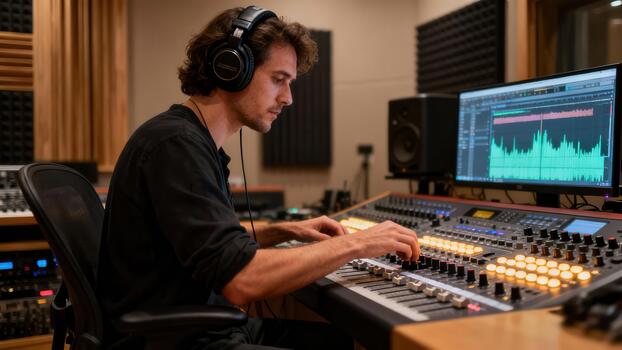 Focused audio engineer adjusts illuminated faders and knobs on a large mixing console inside a professional music recording . photo