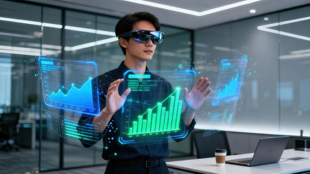 Young businessman wearing augmented reality smart glasses analyzes holographic financial data visualizations in a futuristic office. photo