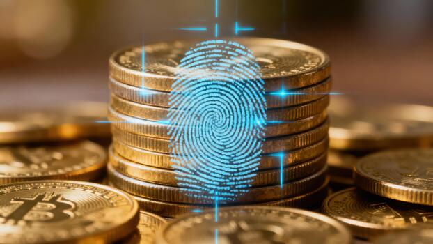Digital biometric fingerprint glowing blue over stacked golden cryptocurrency coins symbolizing financial security and authentication technology. photo